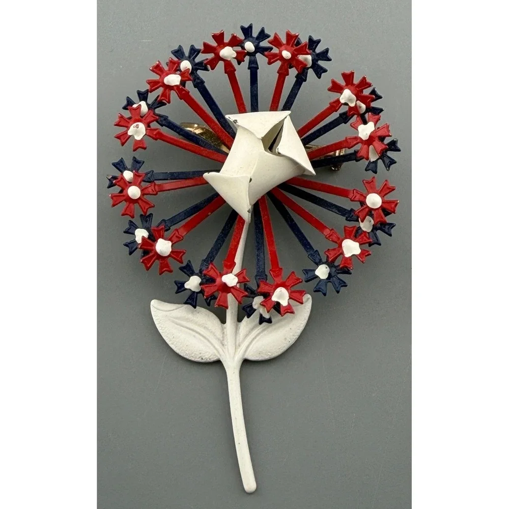 Vintage Metal Flower Brooch Red White Blue Enamel Mod Flower Power 4th of July